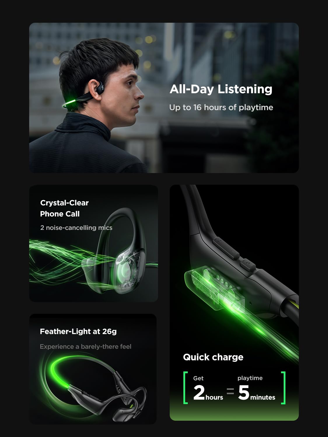 HAKII Light 2 Cuffie Open Ear, IPX5 Wireless Bluetooth Auricolari con 180° Ultra-Bright Beacon String, 16H Tempo di Riproduzione, Cuffie sportive per corsa, fitness, Ciclismo, Outdoor - Verde