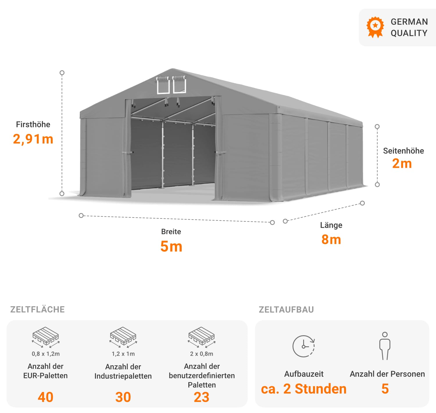 Lagerzelt 5x8m wasserdicht grau Zelt 560g/m² PVC Plane hochwertig Zelthalle Summer SD - Faltpavillon, Gartenpavillon, Pavillon, Lagerzelt, Gartenhaus, Zeltgarage, Garagenzelt - Partyzelt