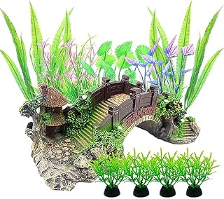 Aquarium Ornament Plants with Resin Arch Bridge, 13pcs Green Aquariums Plants Plastic and Aquarium Decorative Pavilion Tree Bridge for Fish Tank Ornament Decoration