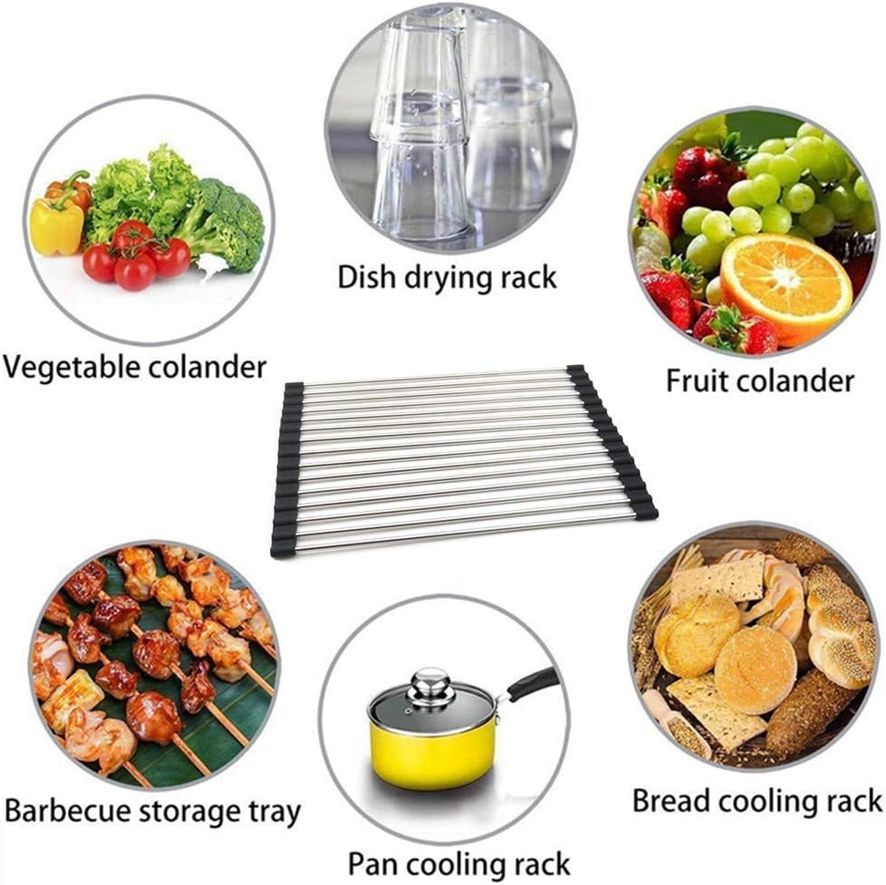 Image of 10 Pipe Foldable Roll Up Dish Drying Rack Over The Sink Multipurpose Kitchen Counter Rolling up Stainless Steel Drainer for Cups, Utensils, Fruits, Vegetables