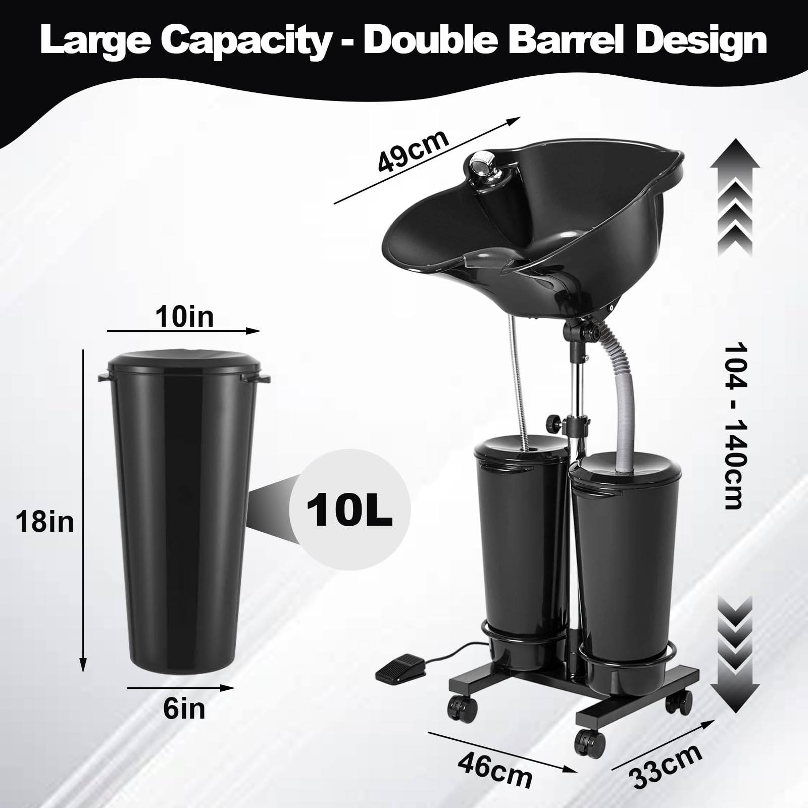 Lavabo portátil con bomba eléctrica, lavabo de pelo ajustable en altura con 2 cubos extraíbles de 10 L y mangueras de drenaje, fregadero de champú para mujeres mayores embarazadas