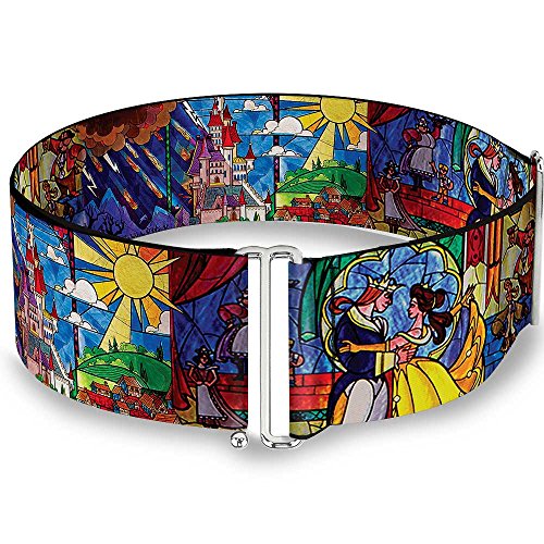 Buckle-Down Disney Belt, Cinch Belt Beauty the Beast Stained Glass Scenes, 3.0 Inch Wide, Adjustable