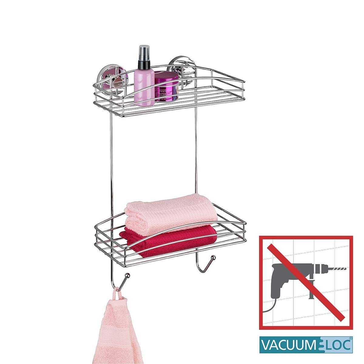 WENKO Vacuum-Loc regał ścienny, 2 półki i 2 haczyki, półka ścienna bez wiercenia, półka prysznicowa z mocowaniem próżniowym, regał do łazienki i kuchni, chromowany metal, 26 x 44 x 15,5 cm