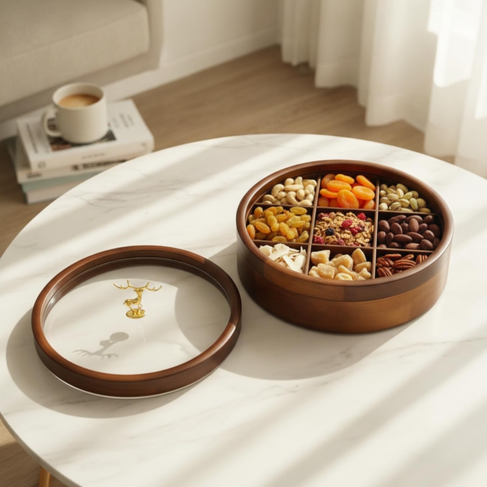 Scatola Rotonda in Legno con Coperchio Trasparente Maniglia Dorata Vassoio Diviso Contenitore Dolcetti Multi Scomparto, Moderno Minimalista, Design A Cinque Scomparti