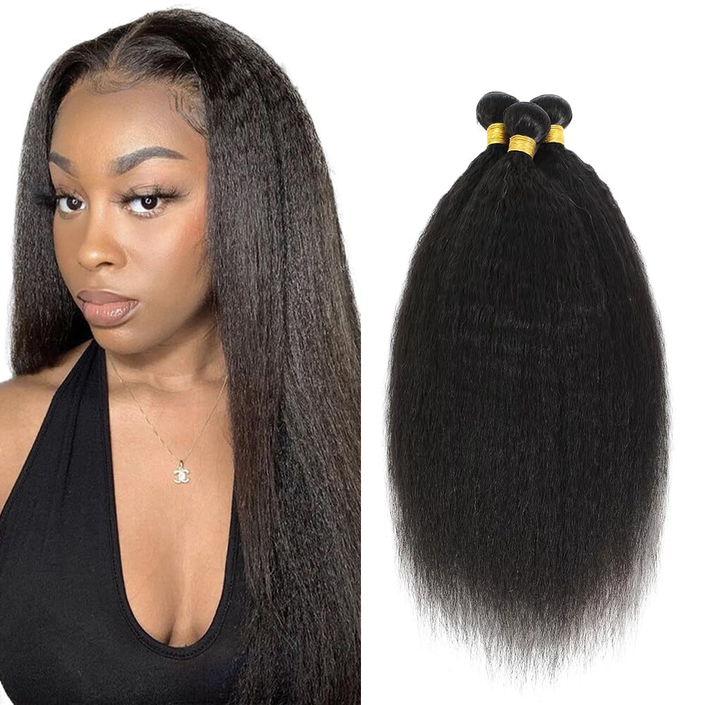 Yaki Straight Bundles Human Hair 28 28 28 Inch Kinky Straight Bundles #1B Natural Black Unprocessed Brazilian Virgin Weave Hair 3 Bundle 50 Gram Per Bundle