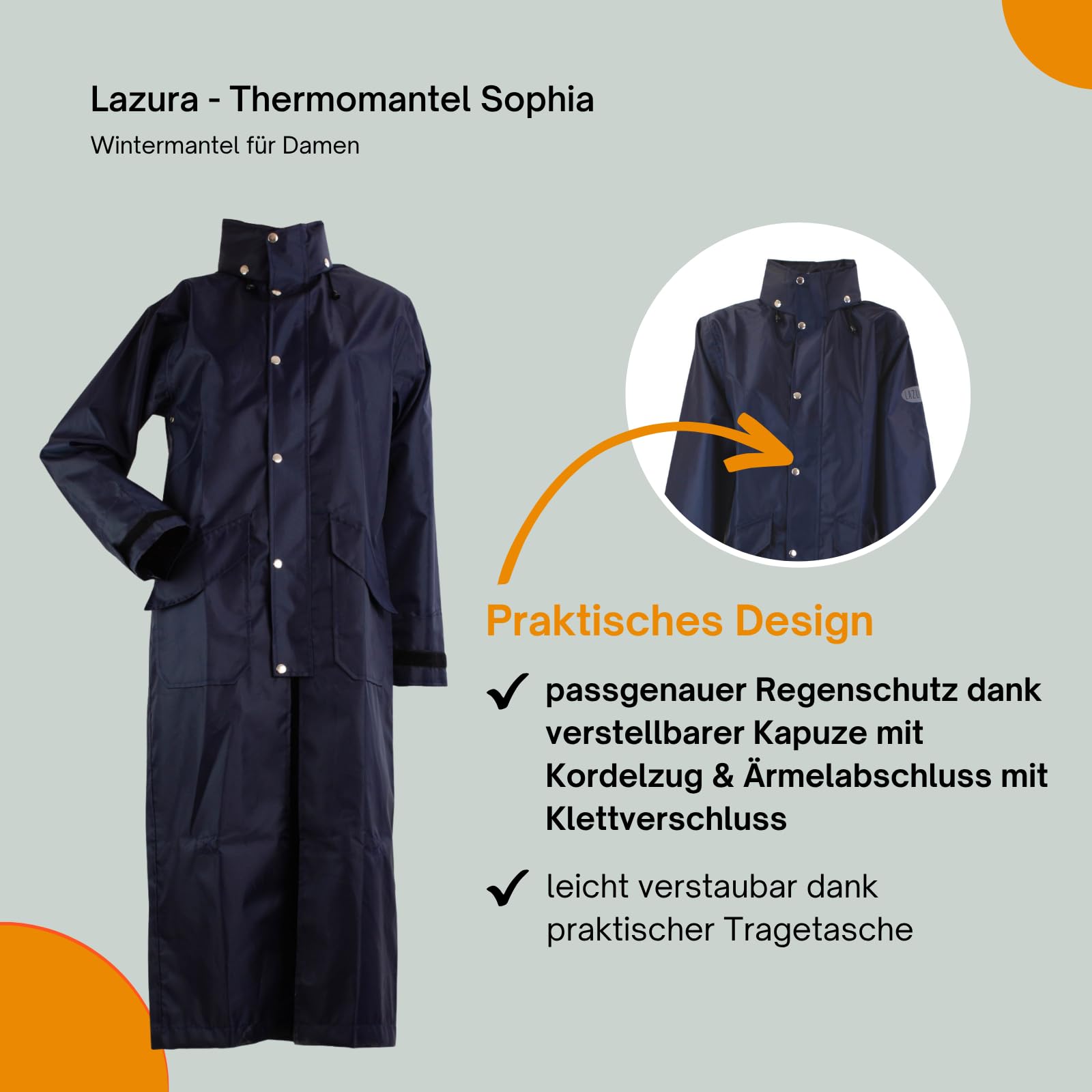 Lazura - Damen Regenmantel Brighton – Nachtblau – Gr. XS - XL | Extra lange Regenjacke mit Reitschlitz – wasserdicht & windabweisend – Regenponcho zum Wandern & Reiten