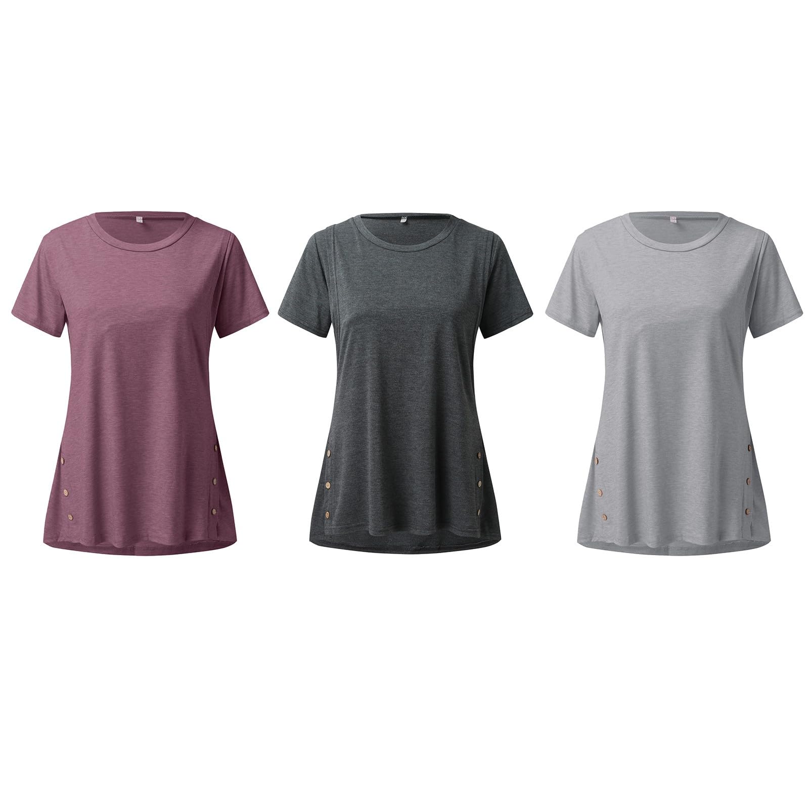 Lot de 3 t-shirts d'allaitement à manches courtes et col rond pour femme enceinte Couleur unie