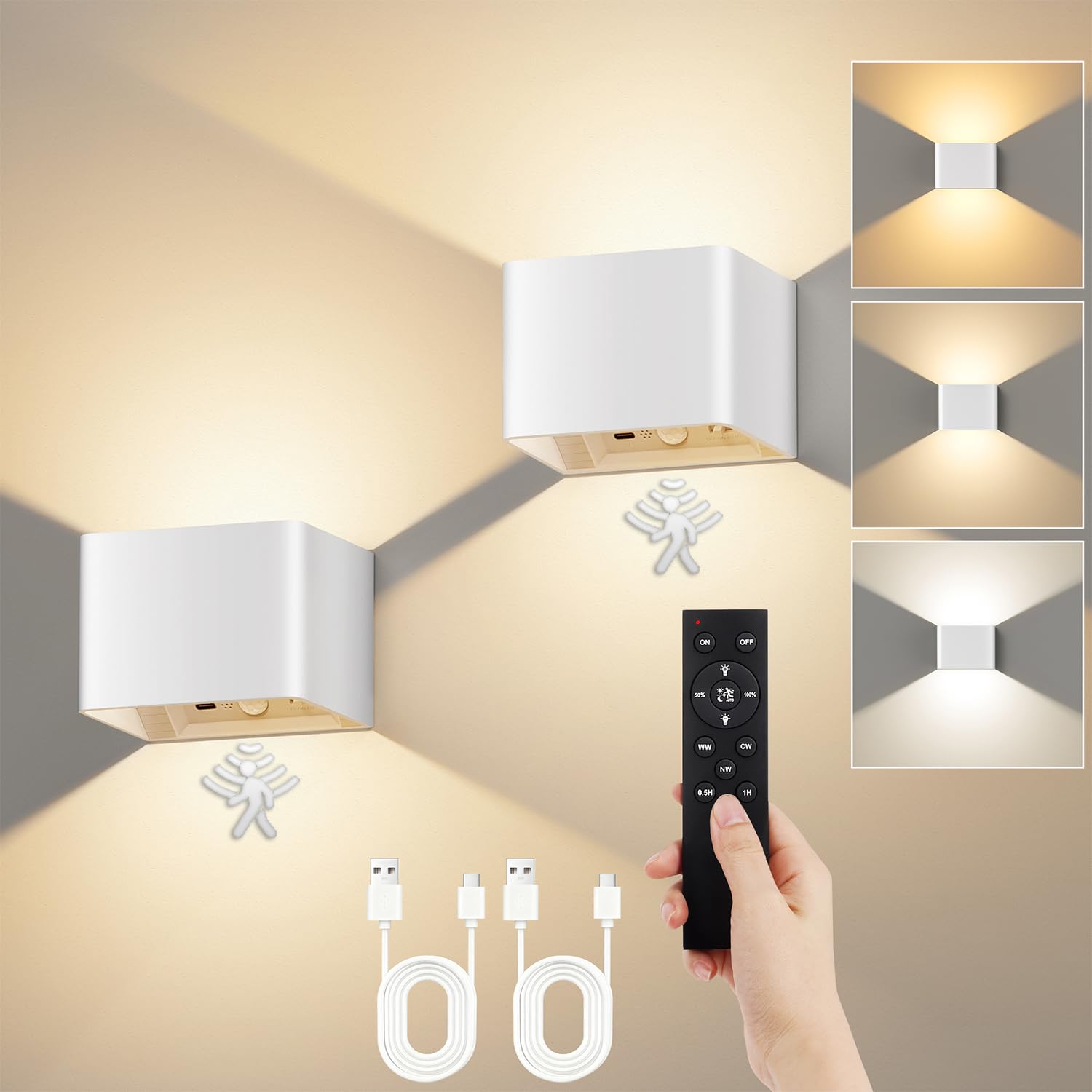 VIWAVE Rechargeable Wall Lights for Living Room No Drilling,5200mAh Battery Wall Lights with Motion Sensor & Remote,3 Colours LED Wall Light Wireless Dimmable,2P Stick on Wall Lamp White Sconce Indoor