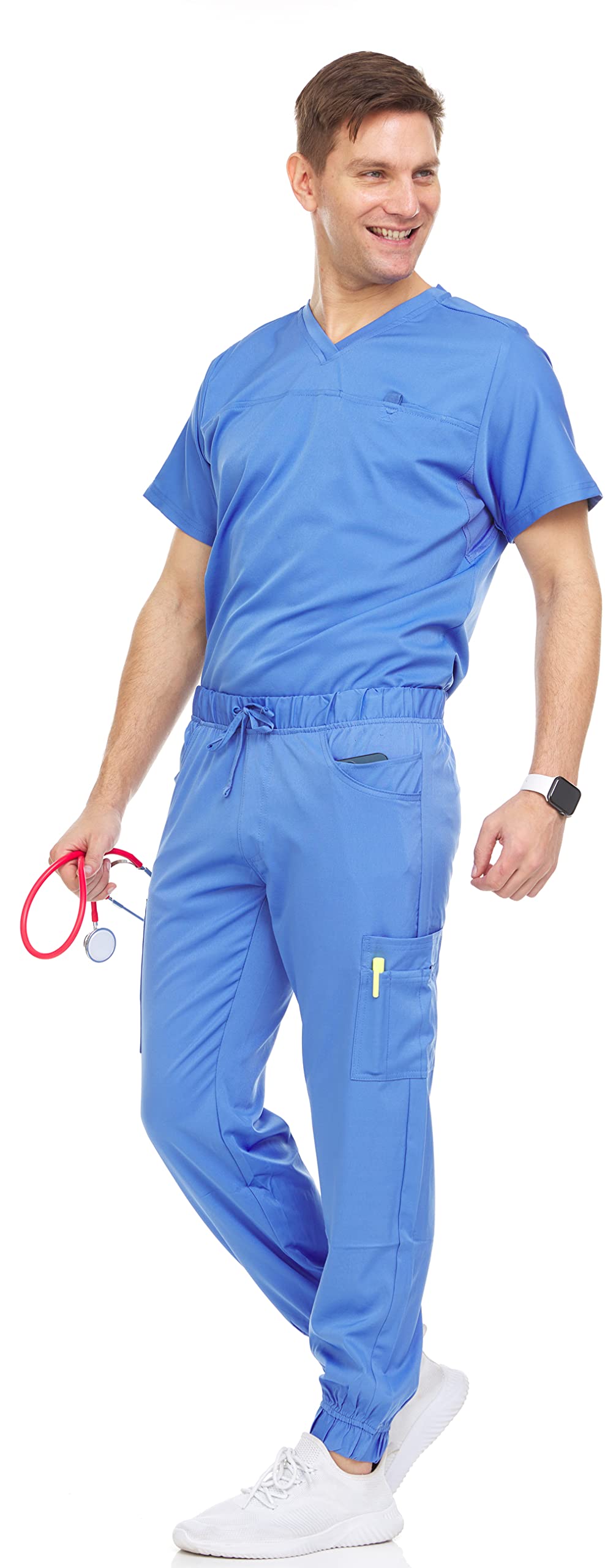 MediChic Men’s Scrub Set – Stretch V-Neck Scrub Top & 7-Pocket Jogger Pants, 4-Way Stretch Flex Medical Uniform Workwear, Ceil Medium