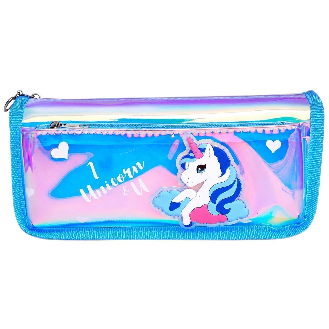 Unicorn 3D Pencil Pouch for Girls, Cute Stationery Case with Zipper (Blue)