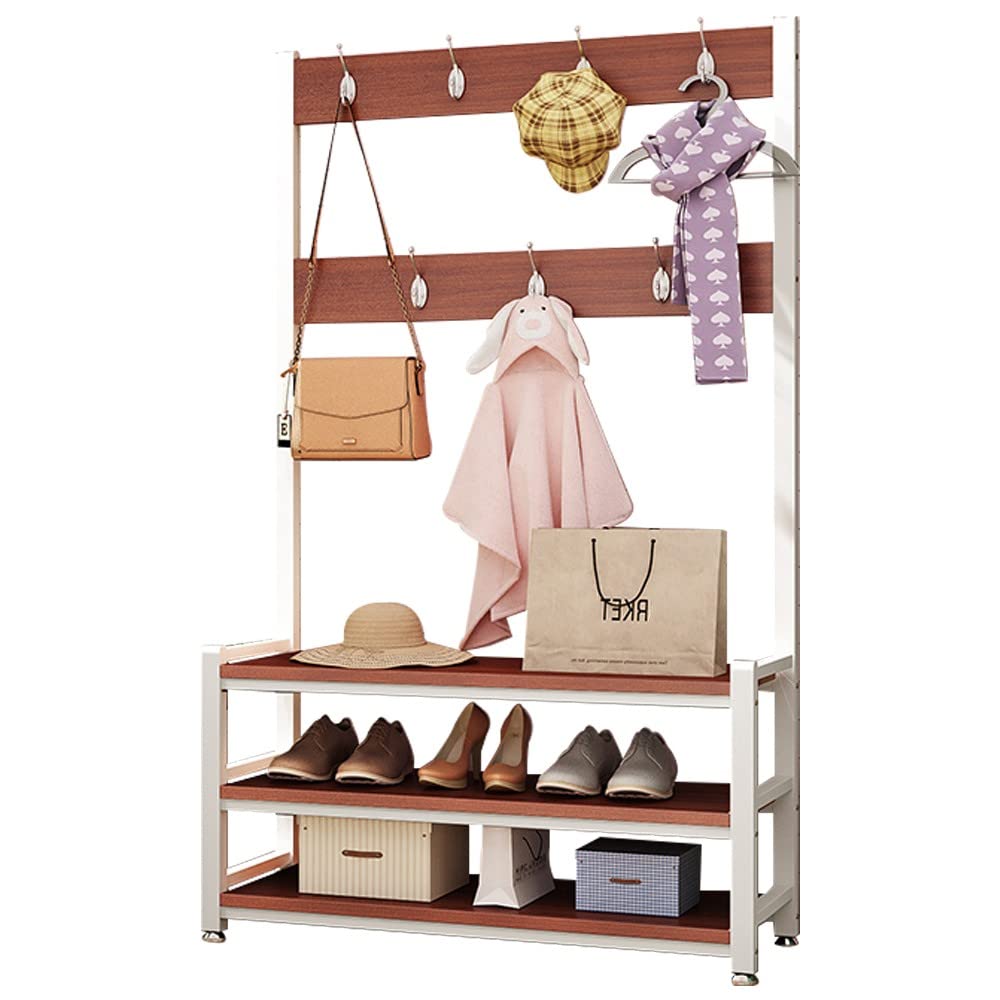 Porte-Manteau Métal avec Banc en Bois et Rangement Chaussures, Organiseur de Penderie 170 cm