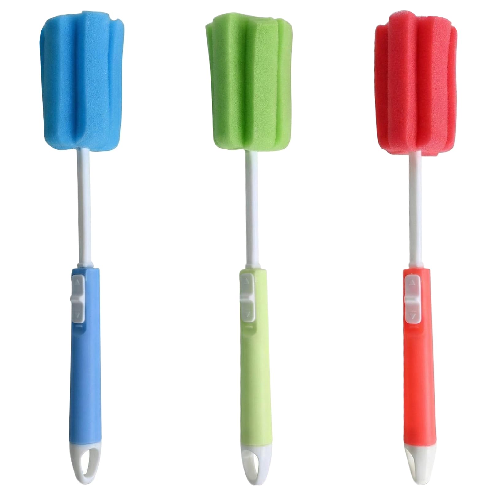 3 Pcs Washing Up Sponge with Handle, Adjustable Long Bottle Brush Cleaner for Deep Cleaning, Soft Foam Dishwashing Wand for Wine Glasses, Mugs, Cups & Kettles (Red, Green, Blue)