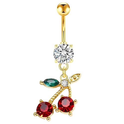 FLOGWE 14G Stainless Steel CZ Crystal Dangling Cherry Belly Button Ring for Women - Gold