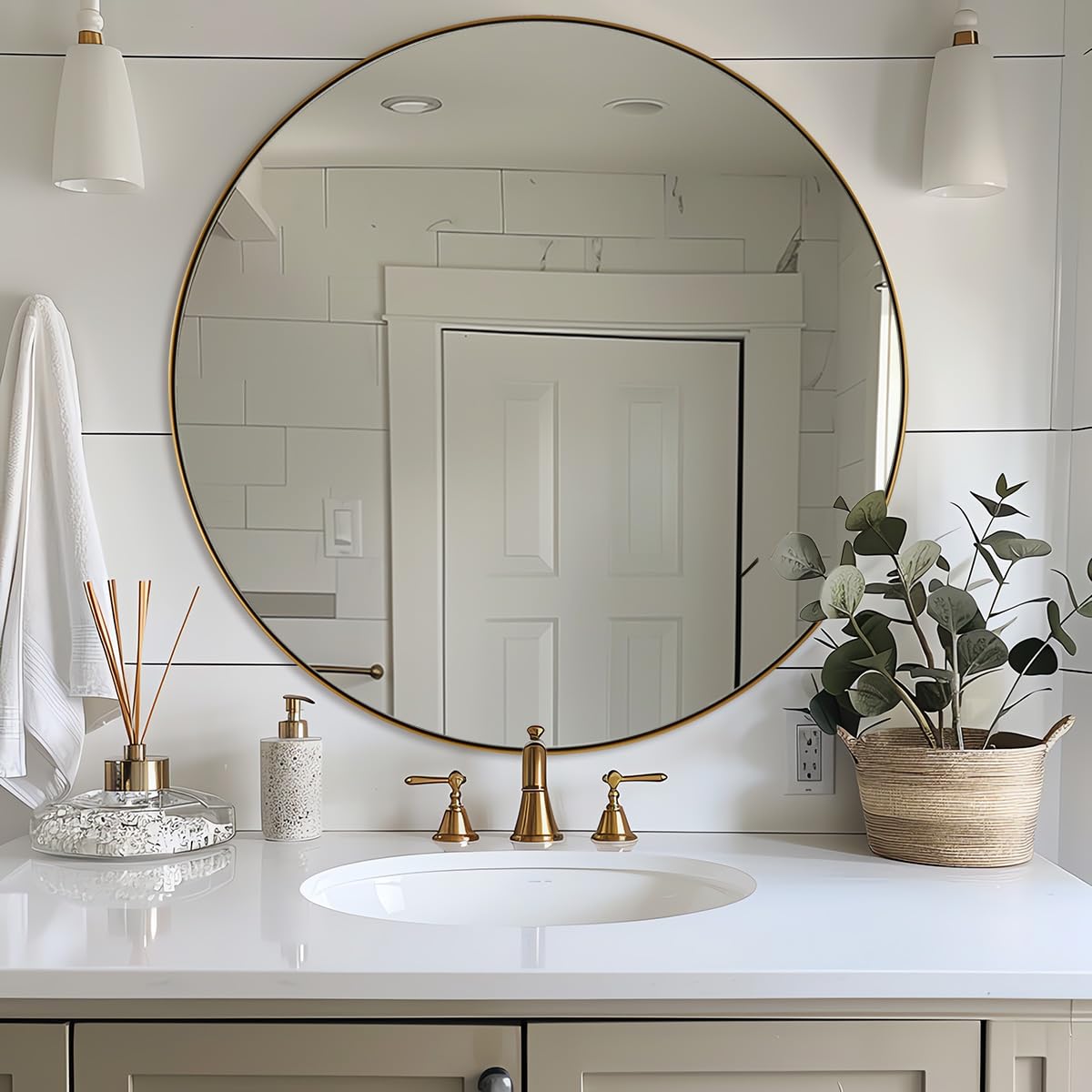 Photo 1 of ANDY STAR Gold Round Mirror, Large Brushed Gold Round Bathroom Mirror, Brass Circle Mirror 32 inch, Modern Vanity Mirror in Stainless Steel Metal Frame for Home Decor, Entryway, Living Room