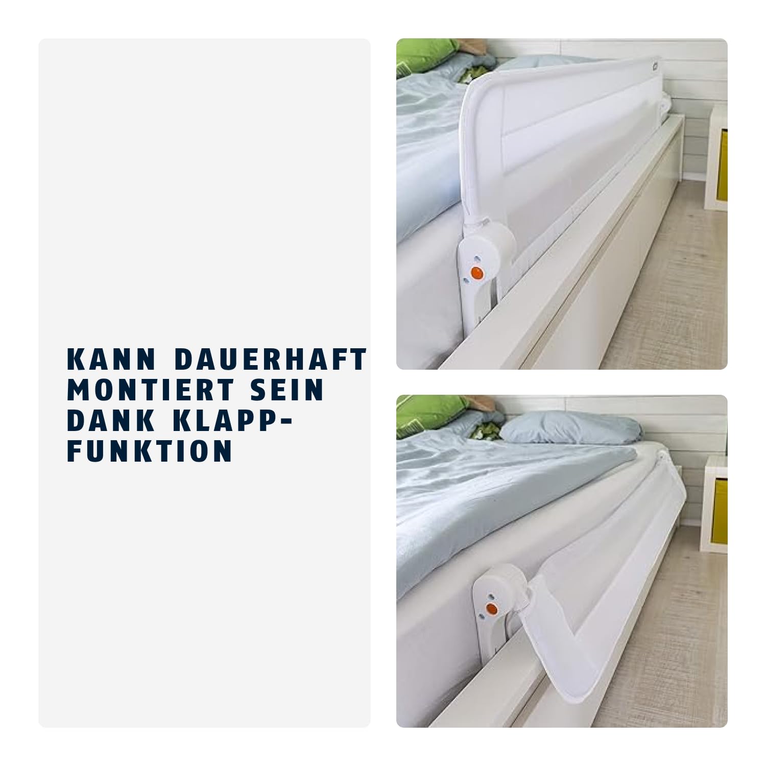 ABUS Bettgitter Eric für Babys und Kinder - Rausfallschutz für Elternbetten, Kinderbetten, Familienbetten - faltbar für Reisen - Bettschutzgitter 150 cm - Weiß
