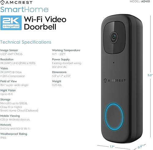 Miniatura 5 de Amcrest Cámara de timbre de video de 4MP Pro, hogar inteligente para exteriores 2.4 GHz y 5 GHz, WiFi inalámbrico, tarjeta Micro SD, detección
