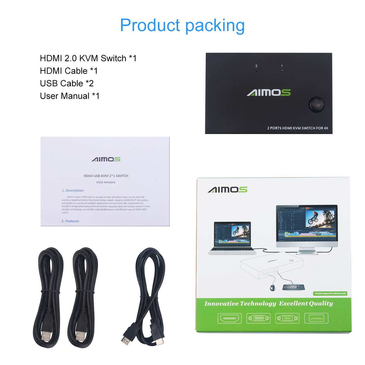 AIMOS KVM Switch 2 Ports, Support Keyboard Hotkey Switch HDMI USB