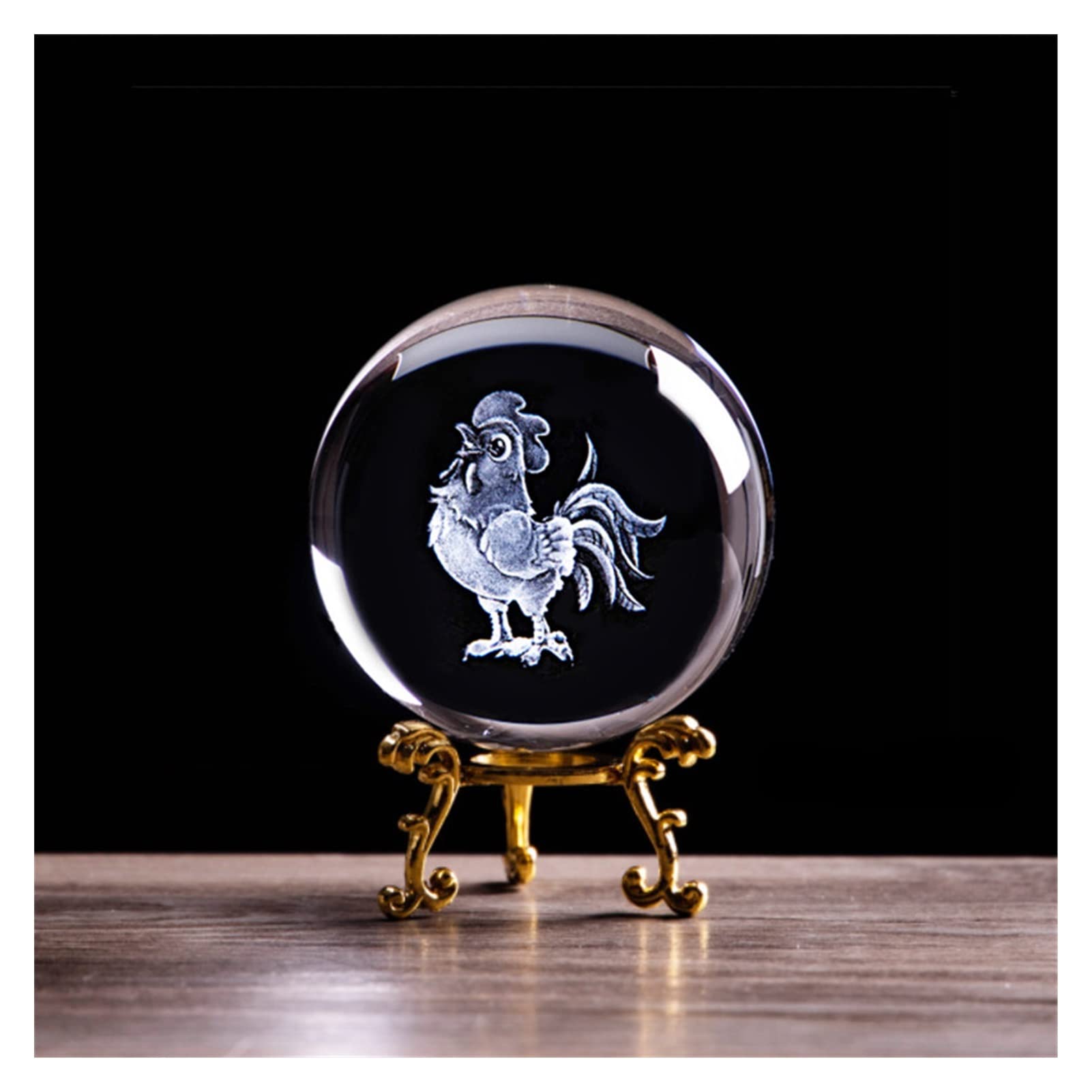 Posąg Do Dekoracji Wnętrza,Rzeźba Kryształ 3D L Grawerowany Zodiak Koguta Figurka Kryształowa Szklana Kula Sztuka Domowa Kolekcjonowa Kula Globe Akcesoria Prezent Urodzinowy Ornament/Piłka I Złota Baz