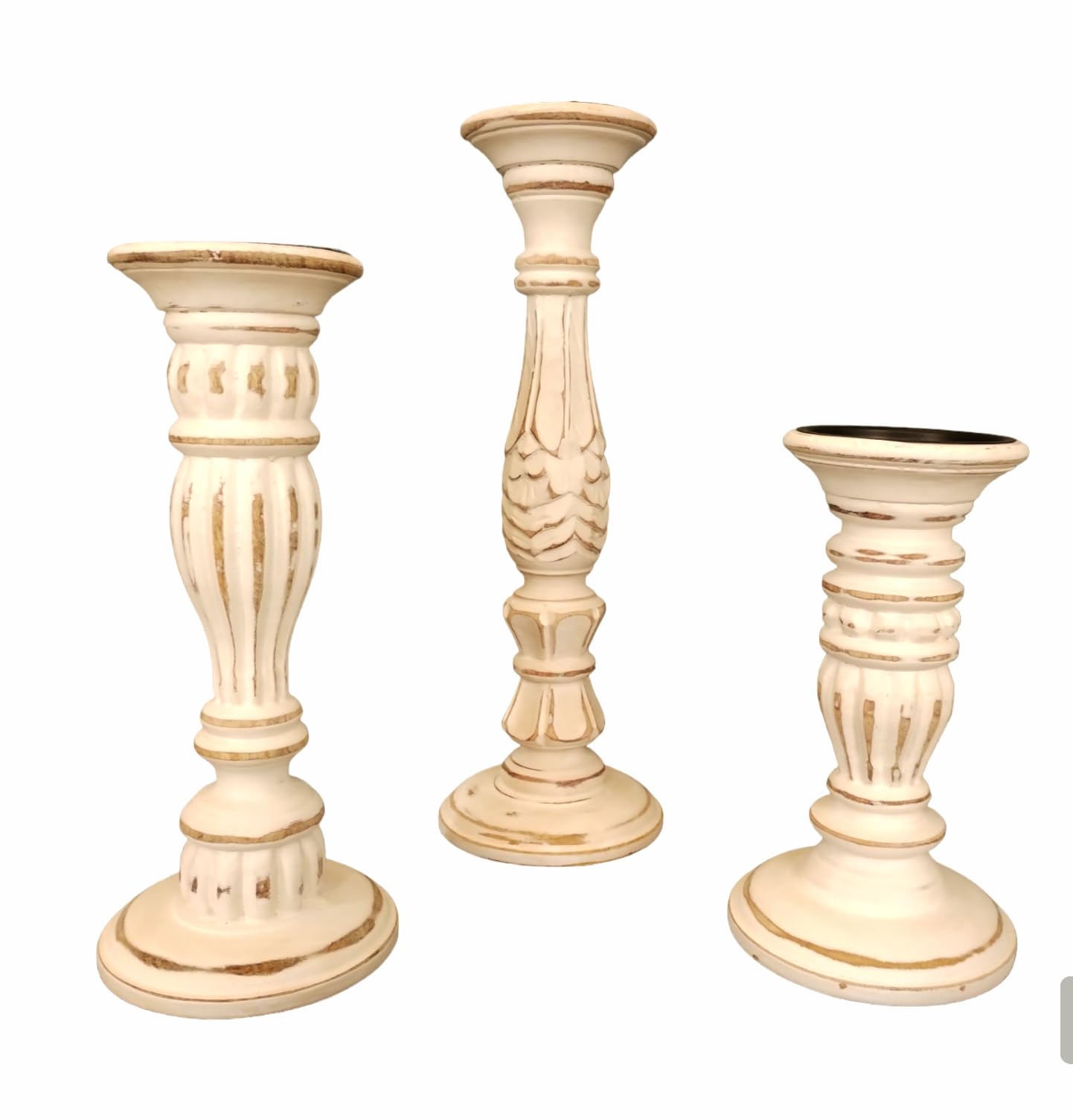 Design Dynamics Handcarved Wooden, Antique Finish Candle Stand (Set of 3) DD-CS-02 (9",12" X 15"), 5" Base Dia for Home Decor and Gifting (White)