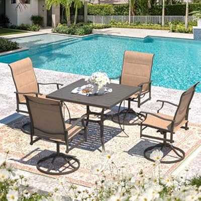 5-Piece Outdoor Patio Dining Set with 4 Swivel Rocker Chairs, 38"x 38"Metal Table with Umbrella Hole, 4-Person Patio Table and Chairs furniture for Backyard, poolside, Balcony and Garden Brown