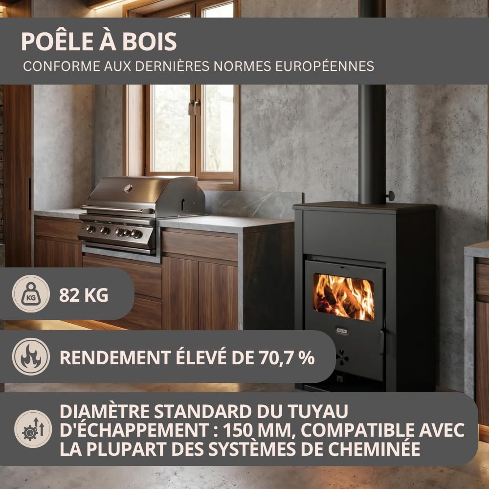 PRITY K2 D Poêle à bois 11,6 kW Classe d'efficacité énergétique A+ 80,7 % Rendement 80,7 % Tuyau de fumée Ø 130 mm Construction en acier et fonte