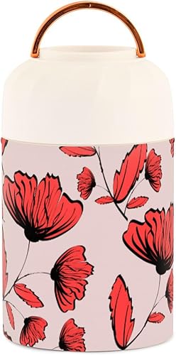 Handdraw - Tarro aislado de acero inoxidable para niños y mujeres, con cuchara, de 17 onzas, con diseño de flores rojas retro, a prueba de fugas,