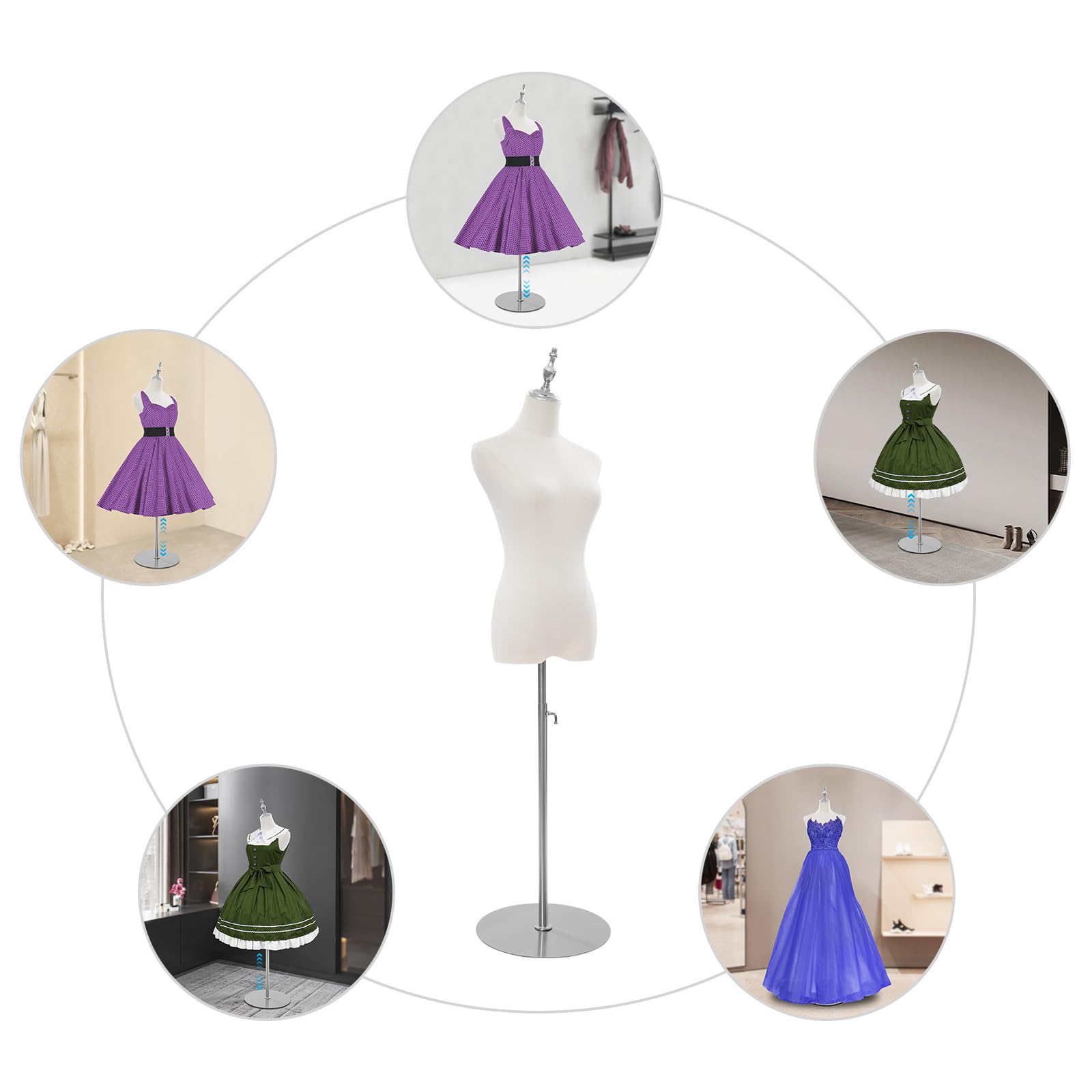 Damen Kleiderform Kleiderpupp Schaufensterpuppe Freistehend Verstellbare Büste Mannequin Ständer Kleid Display Hochzeitskleid Ständer 70-130 cm (Silber, Runden)