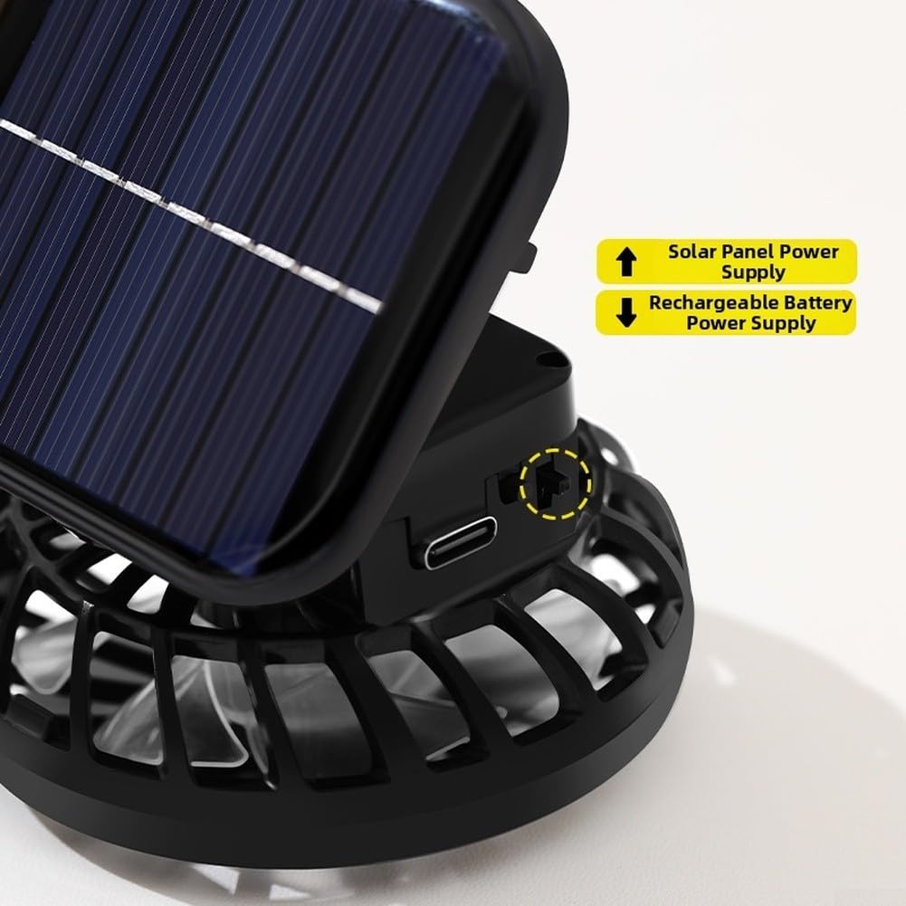 Clip-On-Hut-Ventilator, solarbetrieben, USB, wiederaufladbar für Mini-Kühlung, 3 Geschwindigkeiten, leiser Motor, leichte Klemme für Outdoor, Camping, Wandern, Angeln, Reisen, schwarz, 75 x 65 x 85 mm