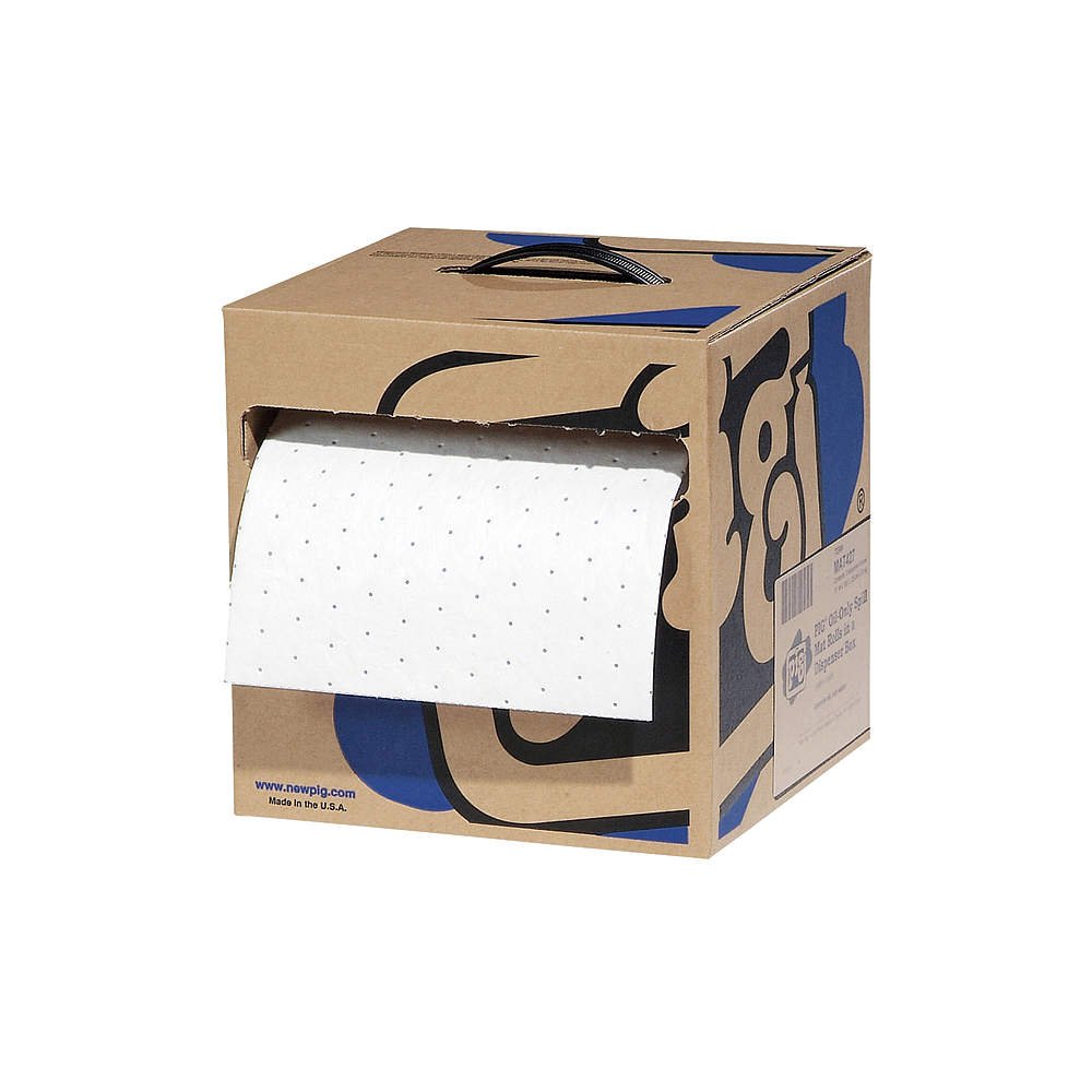 New Pig Oil-Only Absorbent Mat Roll in Dispenser Box, 4-Gal Absorbency Per Roll, Lightweight, Absorbs Oil-Based Liquids, Repels Water, 100' L x 10