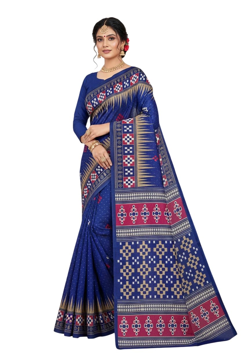 Women Odisha Sambalpuri Printed Cotton Chapa Saree Without Blouse | Classic Pasapali Design(Navy Blue)