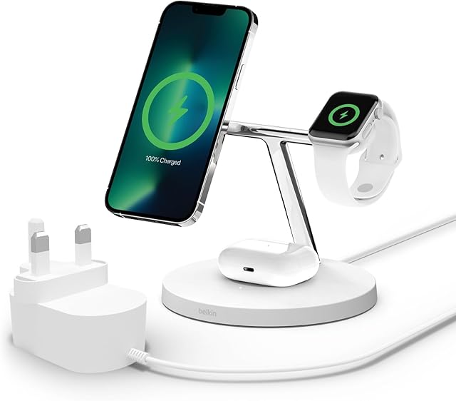 Belkin MagSafe 3 in 1 Wireless Charging Station, 15W iPhone and Apple Watch Fast Wireless Charger, AirPods Charging Station for iPhone 15, 14, 13, 12 Series, Apple Watch 9, 8, 7, SE, Ultra - White