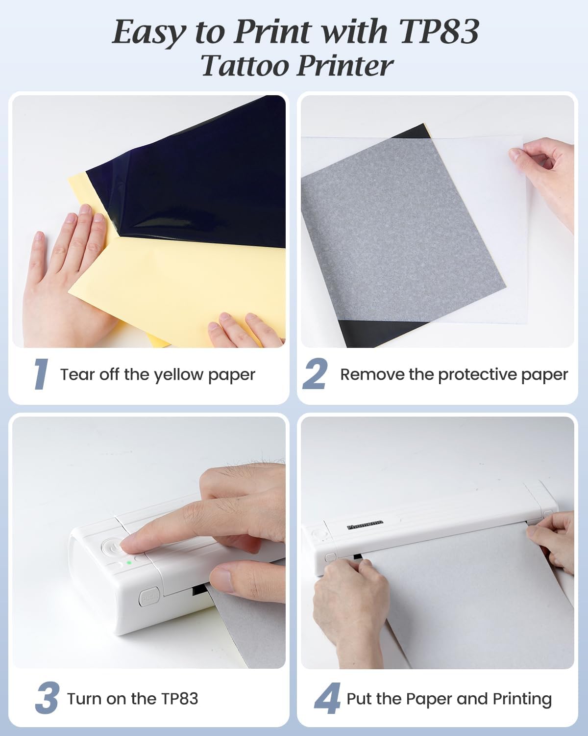 Four-step visual guide on how to load tattoo transfer paper into the Phomemo TP83 printer.