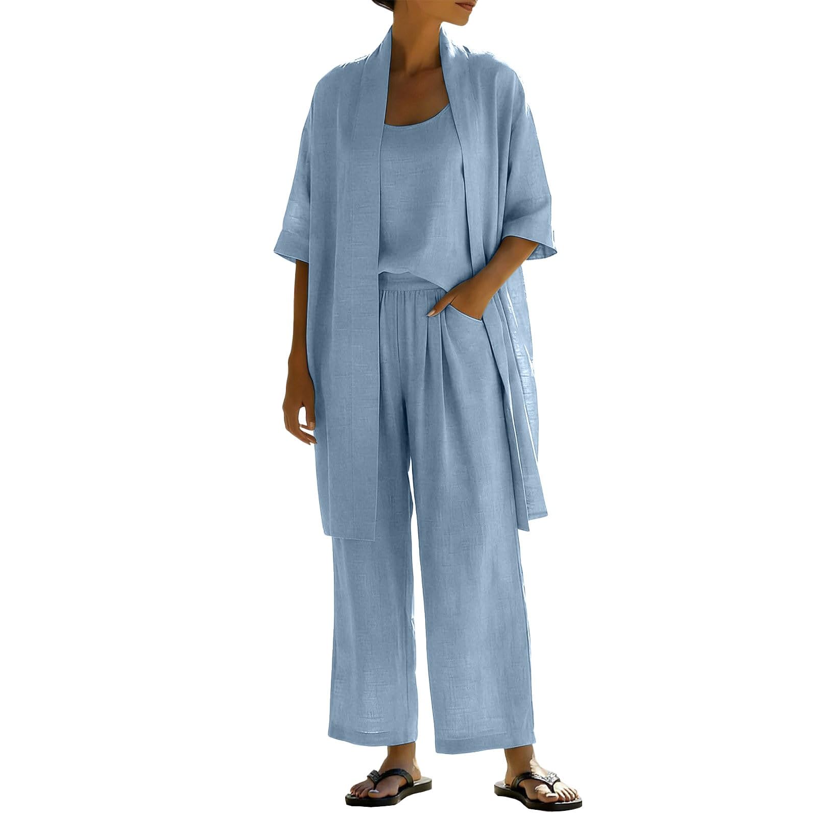 Générique Ensemble Femme Chic Élégant 3 Pièces en Lin Haut Assorti à Manches Courtes Haut Sans Manches Pantalon Palazzo Taille Haute à Jambes Larges Tenue d'Été Décontractée Grande Taille