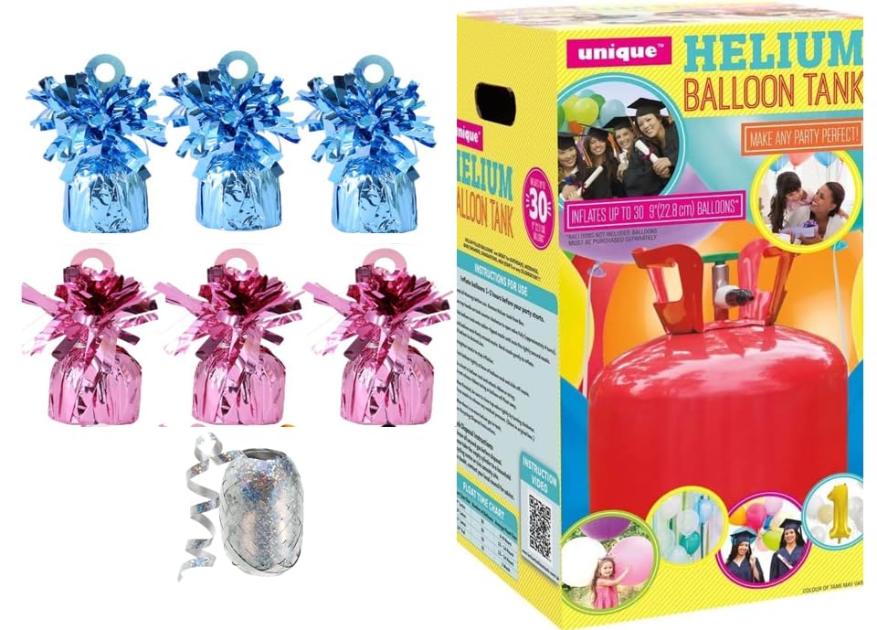 helium balloon canister with balloon weights and Ribbon (Light Pink/Light Blue Weight, Small Canister)