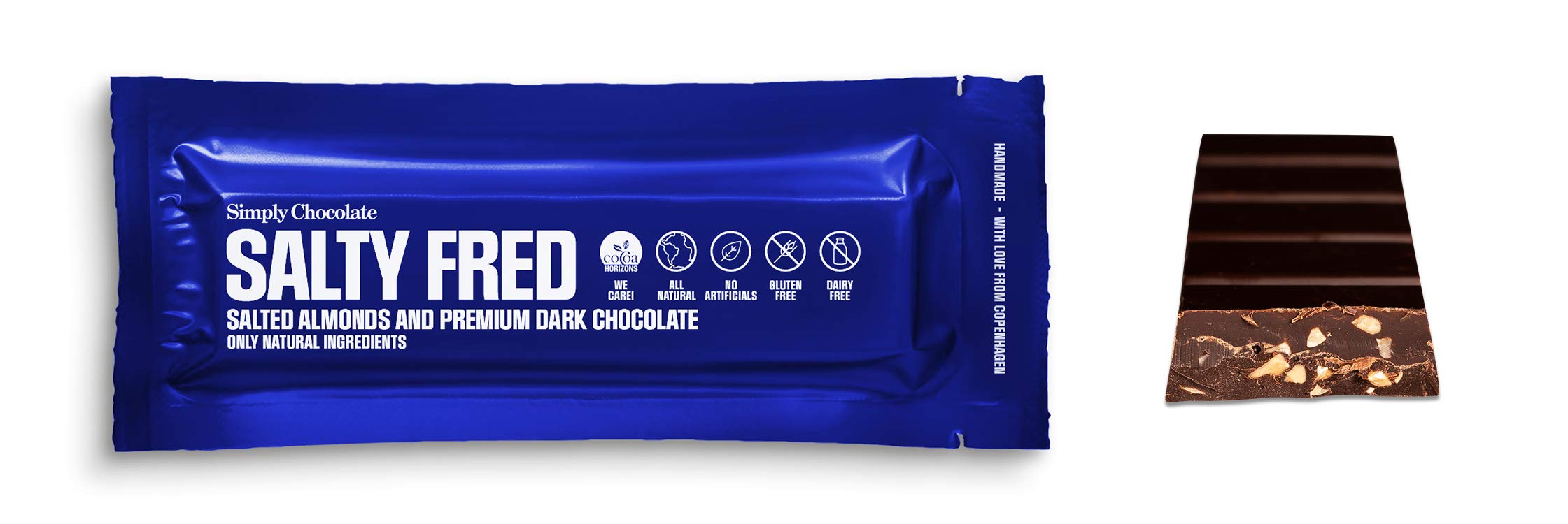 Simply Chocolate 100% natural Salty Fred chocolate bar with salted Valencia almonds and dark chocolate, 40 g, Pack of 30