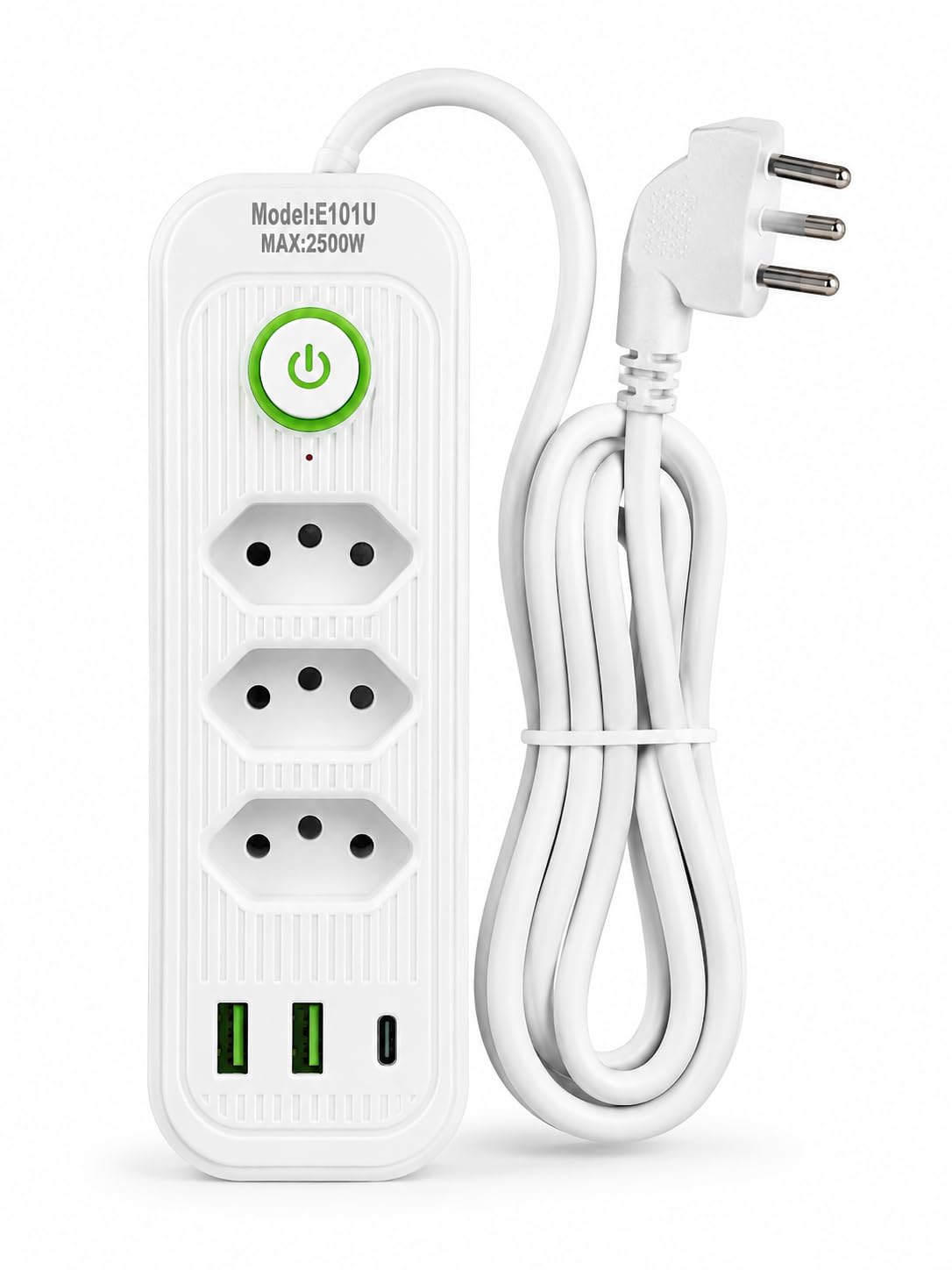 Extensão Filtro de Linha 3 Tomadas com 2 USB e 1 USB-C – Cabo 2 Metros – Bivolt 2500W com