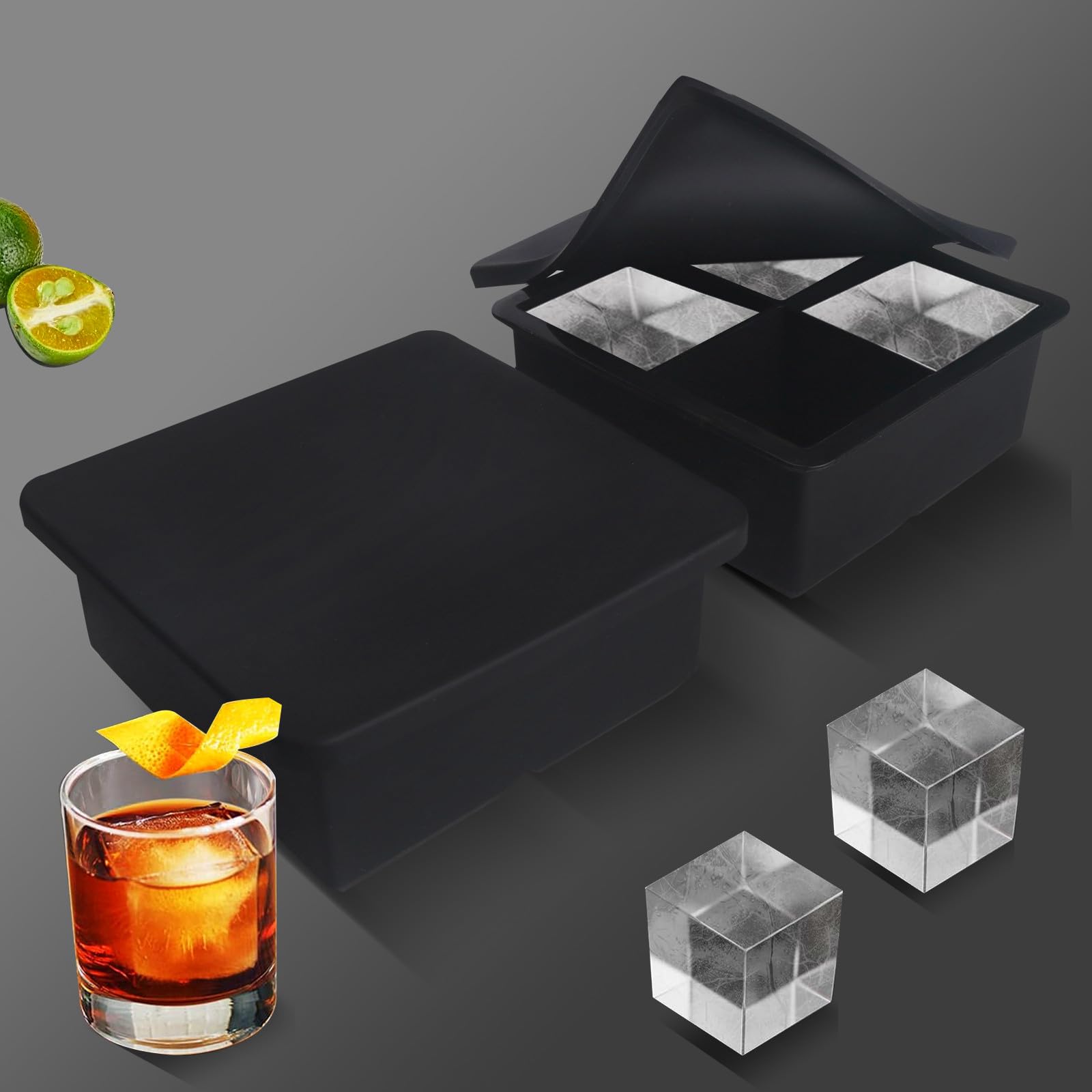 Große Eiswürfelformen für Whiskey: BECOKIT große Silikon-Eiswürfelformen – 6,3 cm quadratische Eiswürfelform für Bourbon-Whisky und Cocktail, 4 Stück, riesige Silikon-Eiswürfelform (schwarz, 4