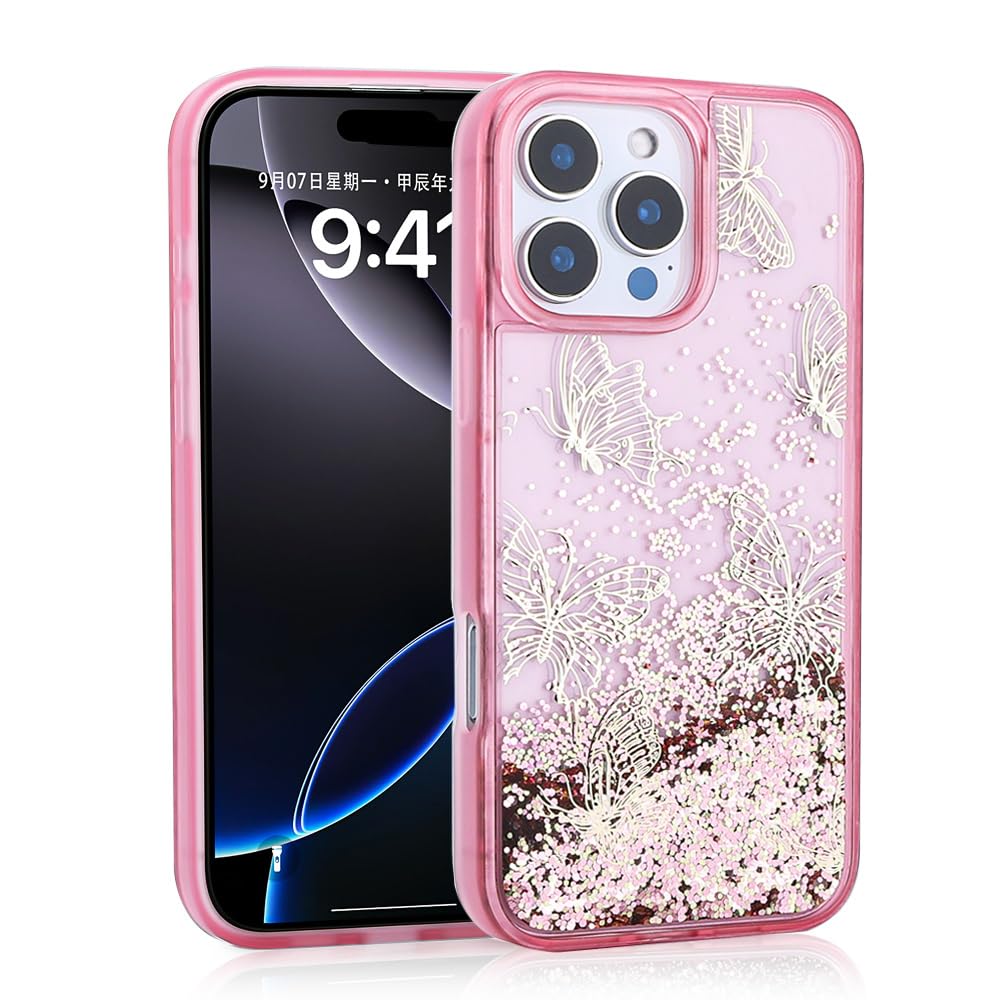 Zore Apple için uyumlu iPhone 15 Pro Max Kılıf Sıvılı Simli Kelebek Baskılı Şeffaf Arka Yüzey Zore Glis Silikon Kapak Pembe