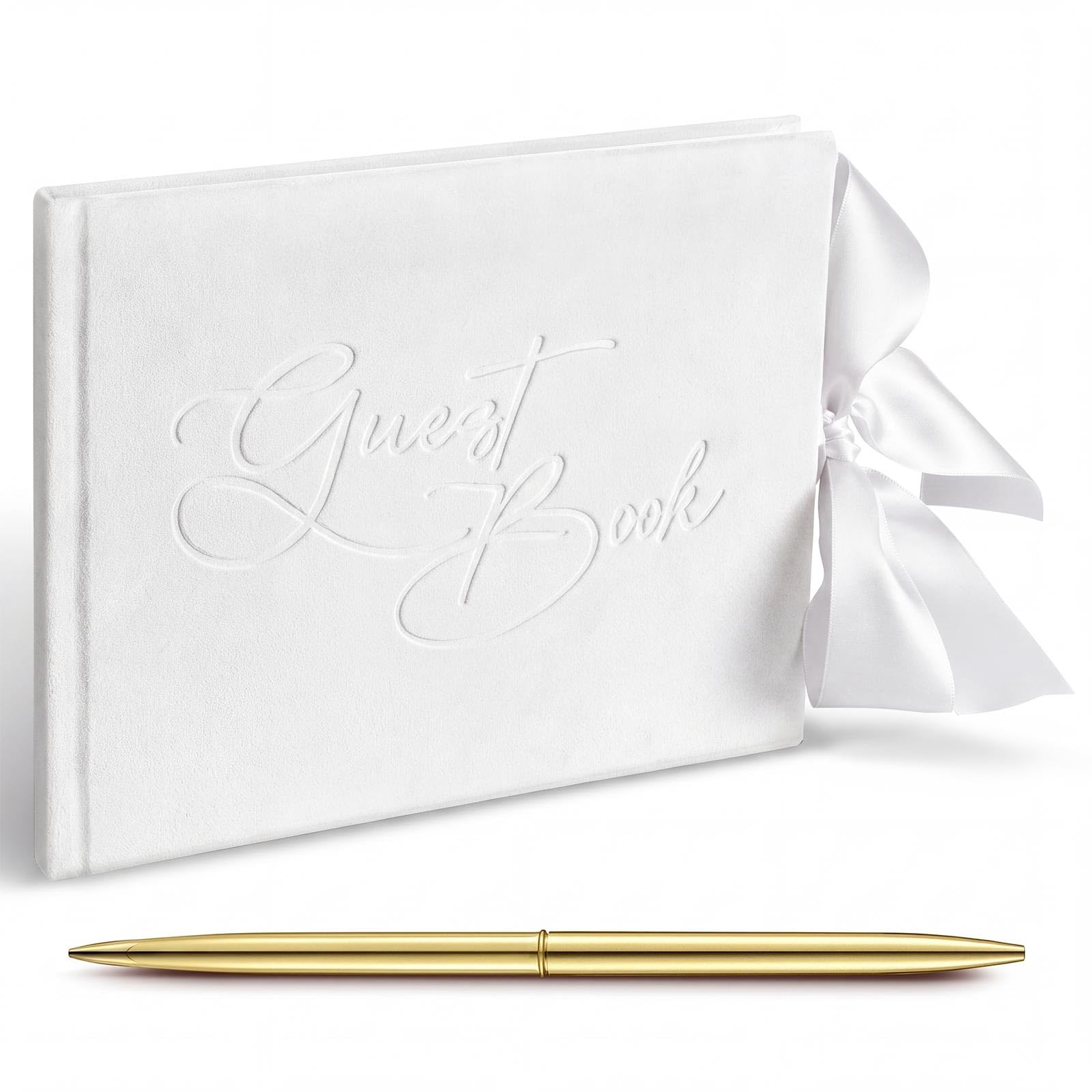 Panelee Wedding Guest Book with Pen, White Velvet Guest Book 144 Pages