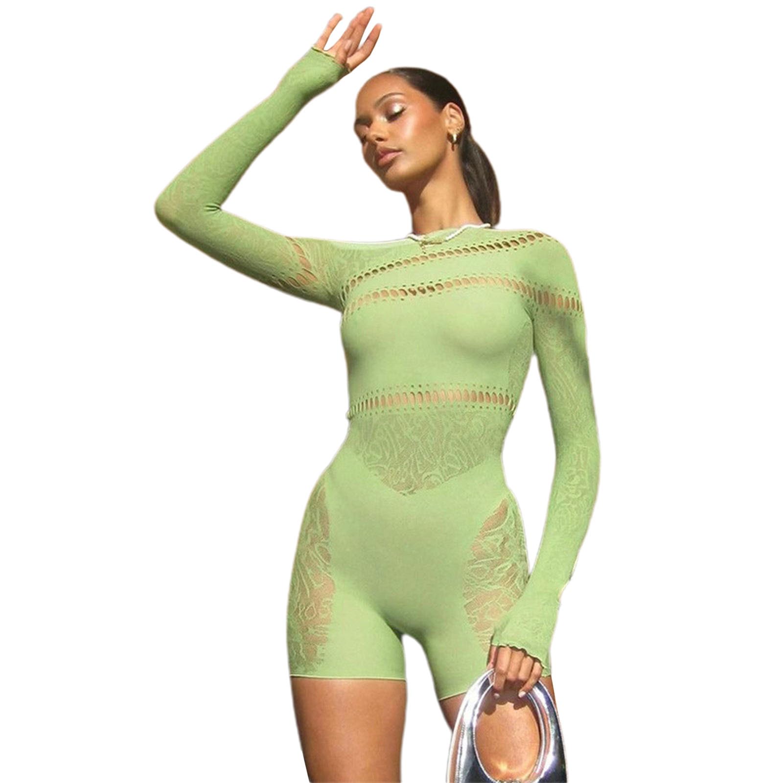 Lejiaju Women's Green Sexy See Through Long Sleeve Sheer Hollow Out Bodycon Jumpsuits Clubwear Shorts