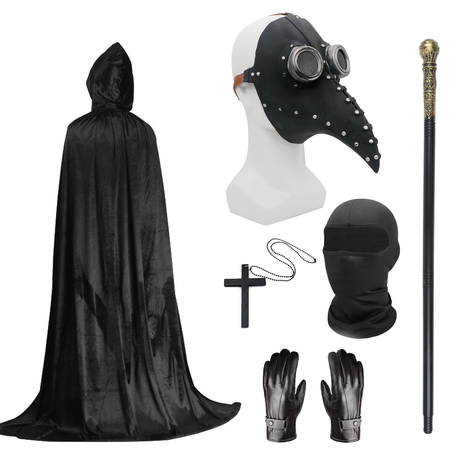 Plague Doctor Costume Set, Halloween Mask Long Nose Beak Mask Black with Black Hooded Cloak Cross Necklace Gloves Cane Full Face Mask for Halloween Party, Punk Carnival, Masquerade