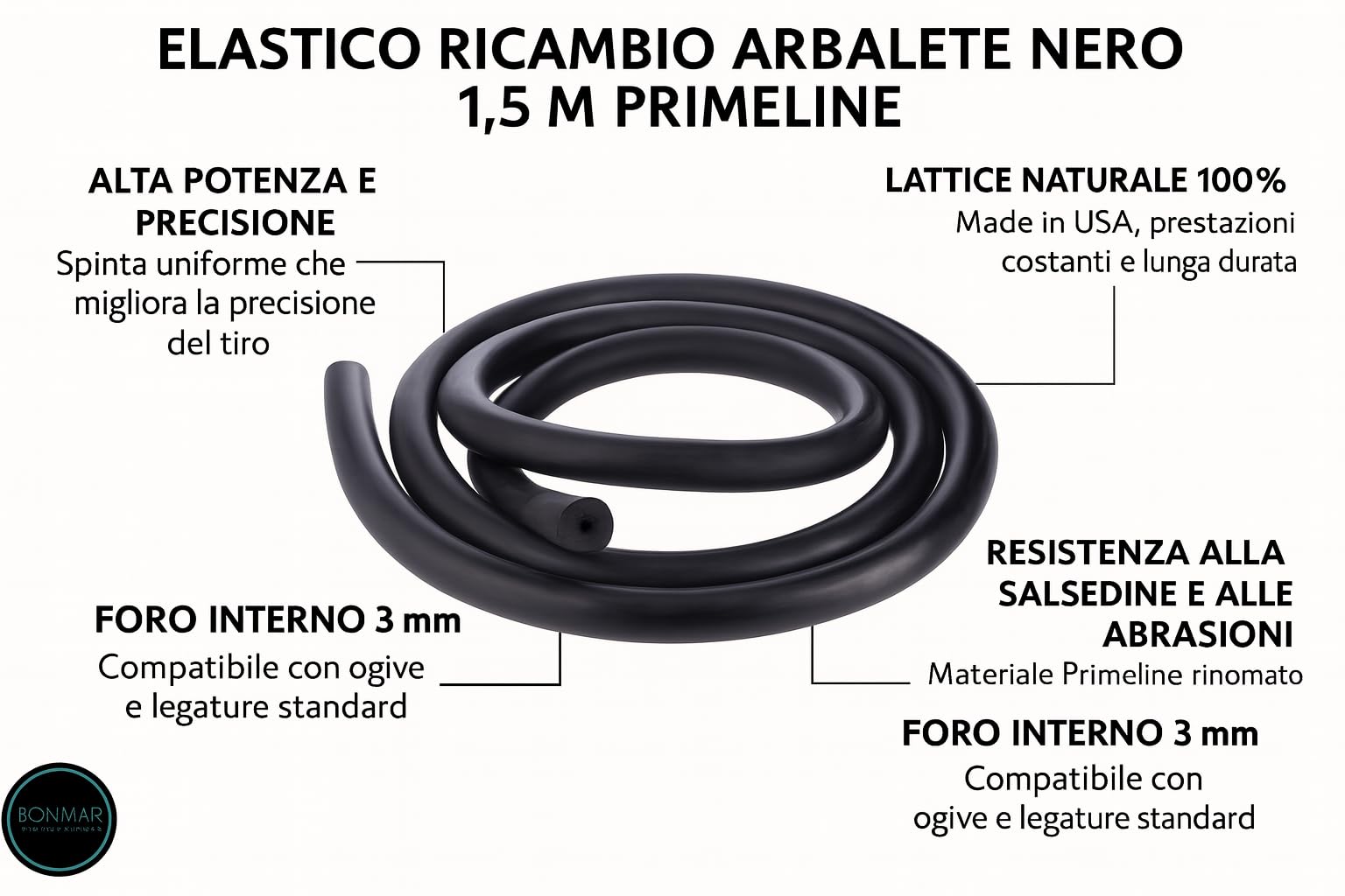 Elastico Ricambio Arbalete Nero Ø 16.0 mm x 1.5 mt Primeline Alta Potenza Resistenza alla Salsedine per Fucili Sub e Roller
