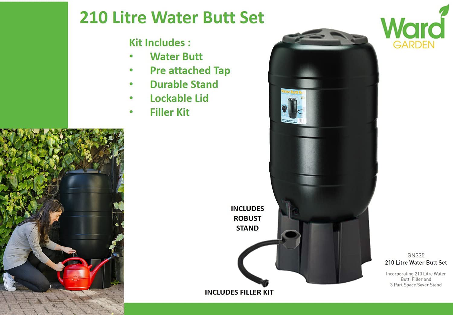 Strata, Bidone di Raccolta dell'Acqua piovana, riempimento Automatico, 210 l, incl. Supporto, Rubinetto e Coperchio