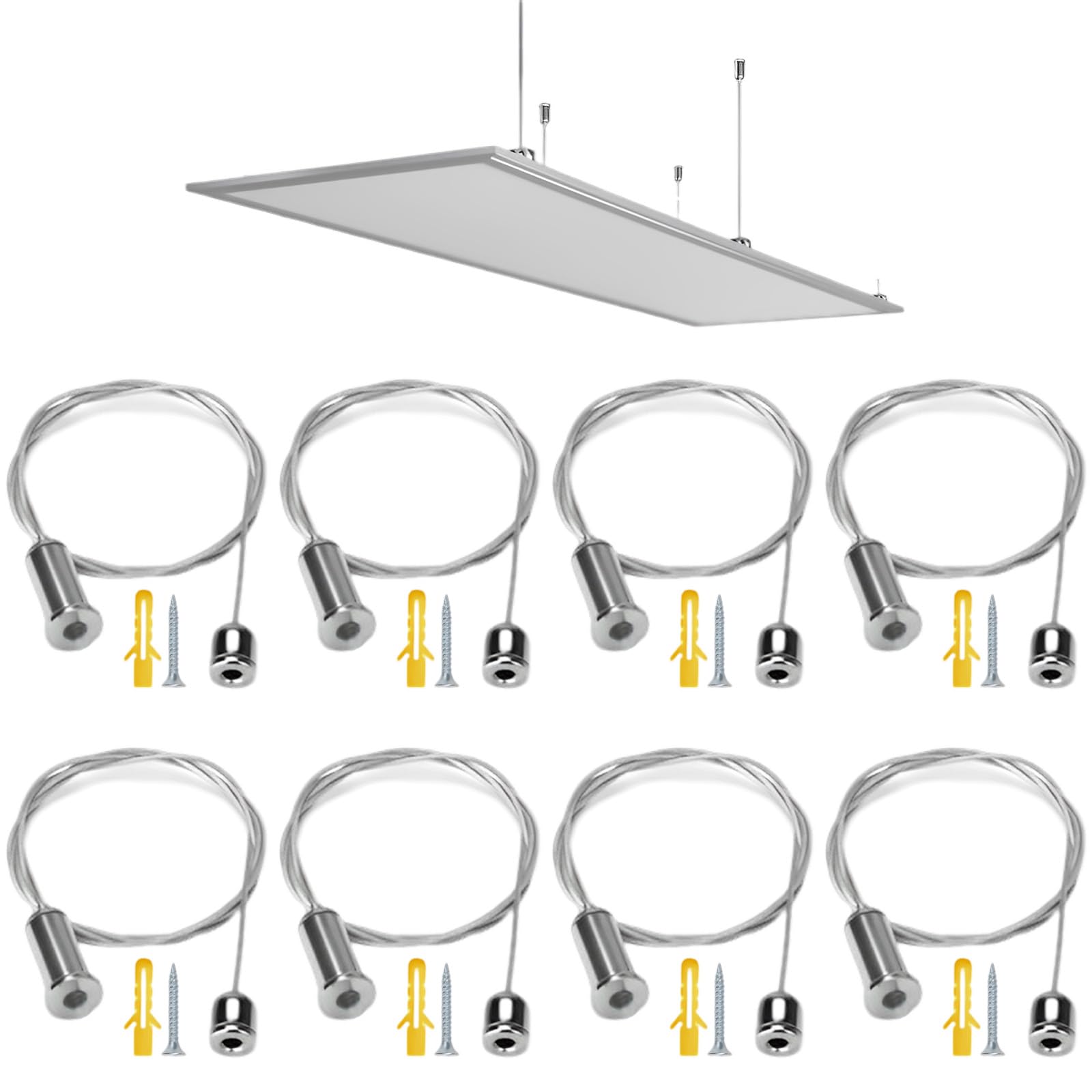 Zliger Suspension Mounting Kit with Steel Cable, 8 Pieces, 1.5 mm x 1 m for LED Ceiling Panel, Silver, 1000 mm x 15 mm