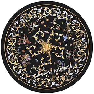 Table de salle à manger ronde en marbre noir de 106,7 x 106,7 cm avec plateau central Pietra Dura Art pour décoration d’intérieur