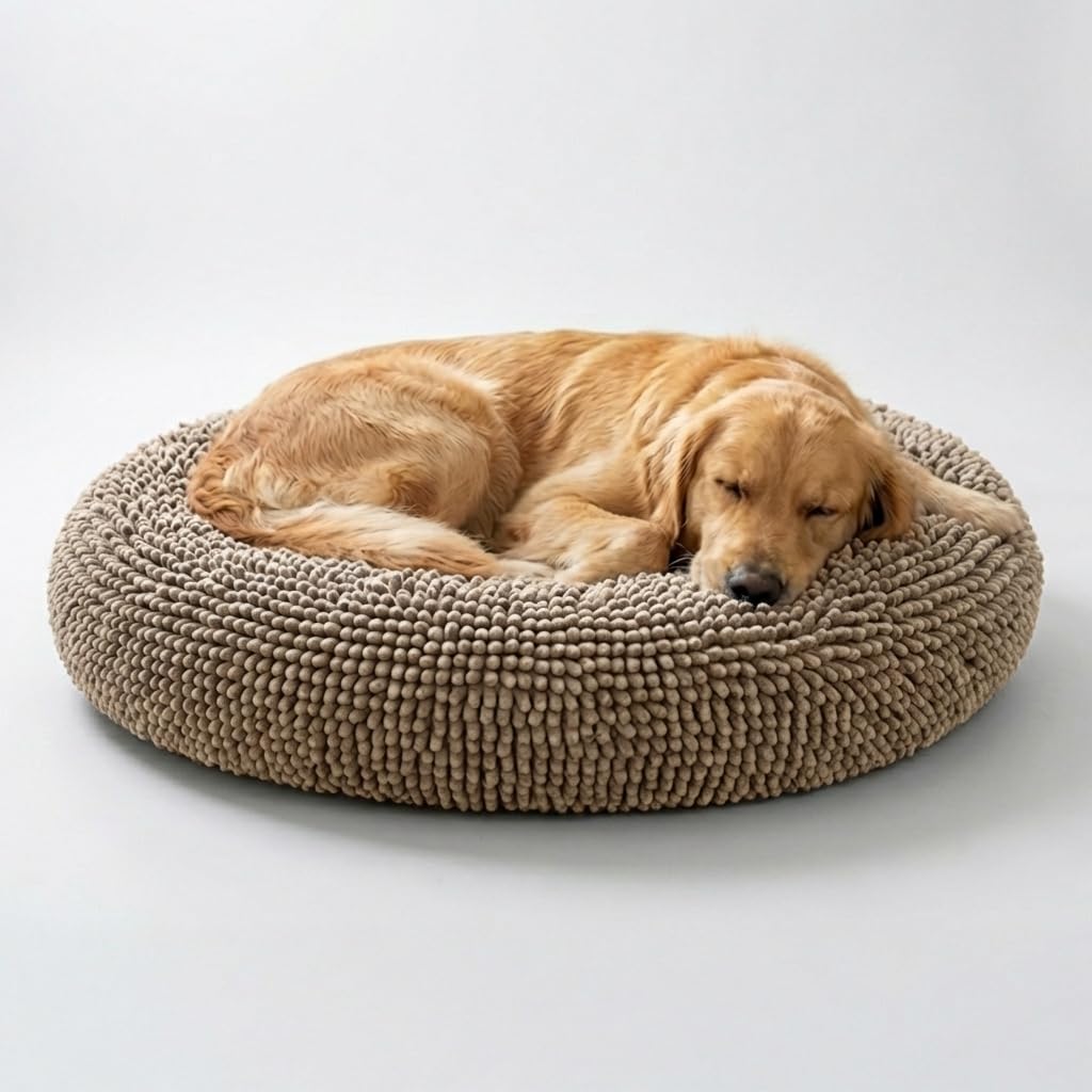 Muddy Mat® Cloud K-9 Legowisko dla psów i kotów, miękkie i relaksujące legowisko dla psa, materiał szenilowy, zdejmowana pokrywa, nadaje się do prania i suszenia w suszarce, beżowe, duże (100 x 102