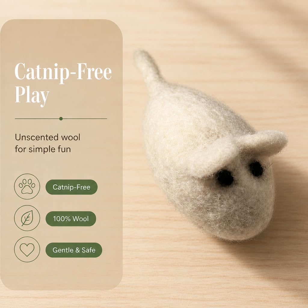 Juguetes de ratón para gatos, 3 ratones de lana de fieltro sin hierba gatera para gatos y gatitos de interior, ratones grandes hechos a mano, color blanco
