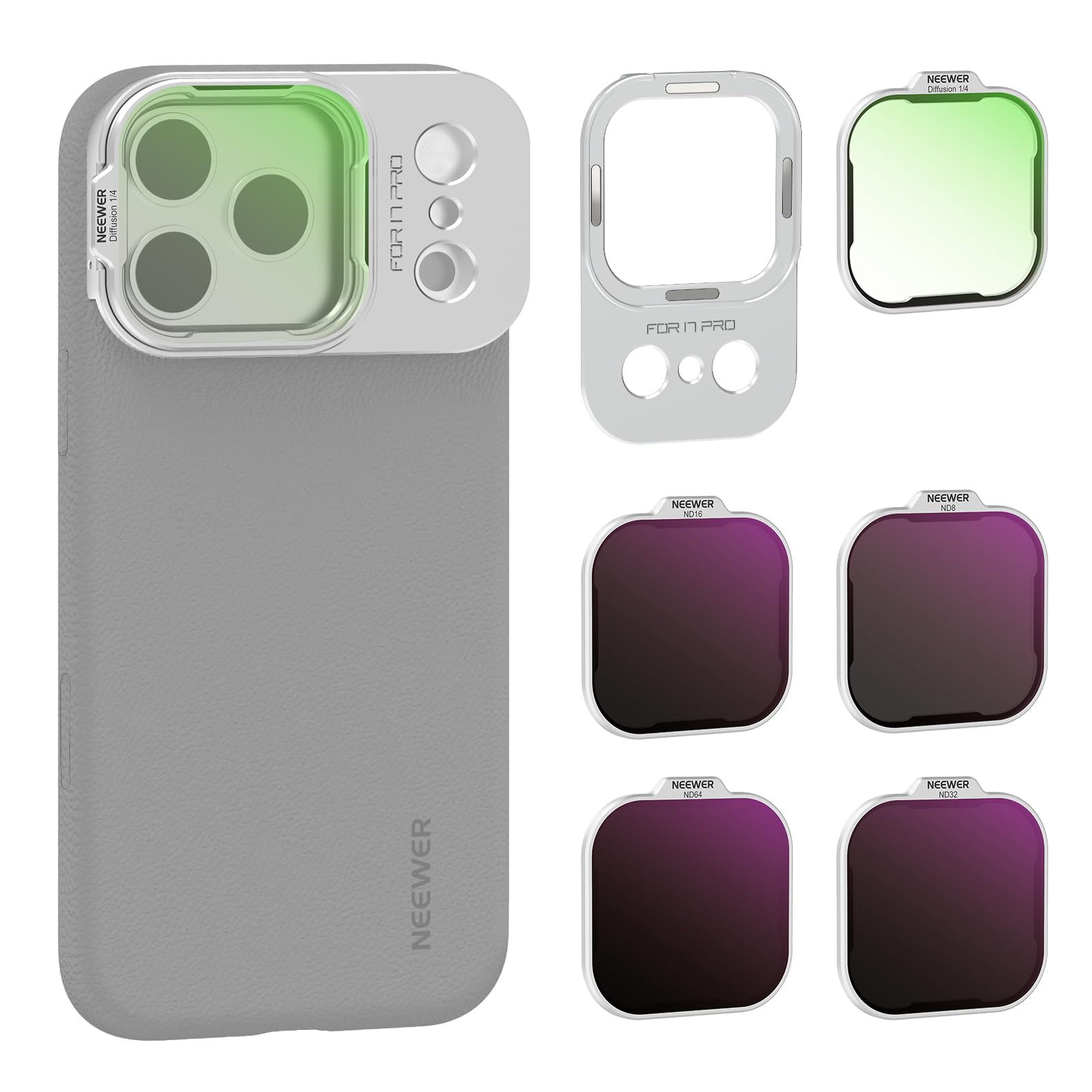 NEEWER Zestaw filtrów ND tylko do PA133 etui na telefon komórkowy kompatybilne z iPhone 17 Pro, szary filtr ND8/16/32/64 + czarna dyfuzja 1/4 + magnetyczna płyta tylna, zestaw akcesoriów, srebrny
