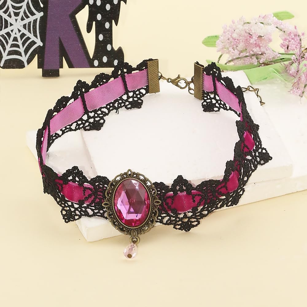 Lace Choker Witch Necklace for Women Halloween Gothic Lace Collar Punk Rhinestone Gothic Necklace Prom Jewelry Halloween Vampire Choker Necklace Costume Emo Witch Accessories - Image 5