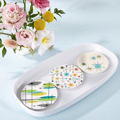 Miniatura 5 de HUXJOKO Juego de 6 posavasos para bebidas, diseño moderno vintage de mediados de siglo, posavasos de cerámica absorbente, tapete redondo de piedra,